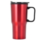aerial view a red 20 oz economy contoured stainless steel travel mug with plastic liner, image 1 of 2