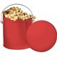 a red 1 gallon gift tin with caramel popcorn