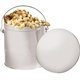 a white 1 gallon gift tin with caramel popcorn