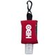 aerial view a red .5 oz hand sanitizer gel in neoprene protector case, image 1 of 2
