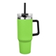 aerial view a lime green 40 oz intrepid stainless steel tumbler with handle and straw, image 1 of 3