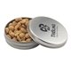 a silver round tin with peanuts