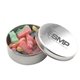 a silver round tin with sour patch kids