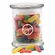 a clear 3 1/2 round glass 12 oz jar with sour patch kids bites