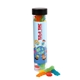 aerial view a clear large plastic tube with sour patch kids bites, image 1 of 6