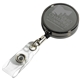 aerial view a black 30 cord gunmetal colored solid metal retractable badge reel and badge holder with laser imprint, image 1 of 3