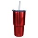 aerial view a red 20 oz ares tumbler with stainless straw / flip top lid, full color digital, image 1 of 2