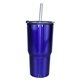 aerial view a blue 20 oz ares tumbler with stainless straw / flip top lid, full color digital, image 1 of 2