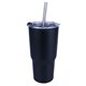 aerial view a black 20 oz ares tumbler with stainless straw / flip top lid, full color digital, image 1 of 2