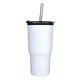aerial view a white 20 oz ares tumbler with stainless straw / flip top lid, full color digital, image 1 of 2