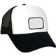 aerial view a black foam embroidered emblem trucker hat, image 1 of 2