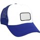 aerial view a blue foam embroidered emblem trucker hat, image 1 of 2
