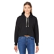 aerial view a black solid j america ladies triblend cropped hooded sweatshirt, image 1 of 3