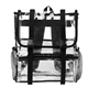 aerial view a clear with black clear buckle backpack, image 1 of 2