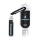 aerial view a group of 1.9 oz clear sanitizer with carabiner attached to spf 15 lip balm, image 2 of 6