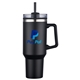 aerial view a black 40 oz pp lined double wall tumbler with handle straw, image 1 of 3