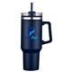 aerial view a navy blue 40 oz pp lined double wall tumbler with handle straw, image 1 of 3