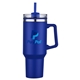 aerial view a royal blue 40 oz pp lined double wall tumbler with handle straw, image 1 of 3