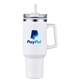 aerial view a white 40 oz pp lined double wall tumbler with handle straw, image 1 of 3