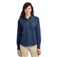 aerial view a ink blue port company ladies long sleeve value denim shirt, image 1 of 6