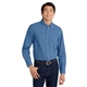 aerial view a faded blue port authority tall long sleeve denim shirt, image 1 of 5
