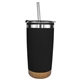 aerial view a black halcyon(r) 20 oz cork bottom tumbler with stainless straw / flip top lid, full color digital, image 1 of 2