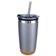 aerial view a metallic silver halcyon(r) 20 oz cork bottom tumbler with stainless straw / flip top lid, full color digital, image 1 of 2