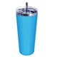 aerial view a blue 22 oz memphis tumbler with flip top lid stainless steel straw, full color digital, image 1 of 2