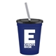 a navy blue cup & black lid & frost straw promotional personalized 16 oz stadium plastic tumbler cup with lid straw