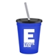 a royal blue cup & black lid & frost straw promotional personalized 16 oz stadium plastic tumbler cup with lid straw