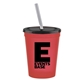 a transparent red cup & black lid & frost straw promotional personalized 16 oz stadium plastic tumbler cup with lid straw