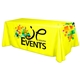 aerial view a group of all over full color dye sub table cover - flat poly 4- sided, fits 8 table, image 4 of 6
