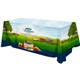 aerial view a group of all over full color dye sub table cover - flat poly 3- sided, fits 8 table, image 1 of 4