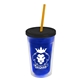 a translucent blue bottle & black lid & translucent orange straw 16 oz double - wall insulated transparent tumbler
