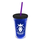 a translucent blue bottle & black lid & translucent violet straw 16 oz double - wall insulated transparent tumbler