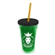 a translucent green bottle & black lid & translucent orange straw 16 oz double - wall insulated transparent tumbler
