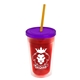 a translucent red bottle & translucent violet lid & translucent orange straw 16 oz double - wall insulated transparent tumbler