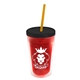 a translucent red bottle & black lid & translucent orange straw 16 oz double - wall insulated transparent tumbler