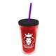 a translucent red bottle & black lid & translucent violet straw 16 oz double - wall insulated transparent tumbler