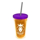 a translucent orange bottle & translucent violet lid & smoke straw 16 oz double - wall insulated transparent tumbler
