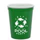 aerial view a translucent frost lid & green cup 16 oz stadium cup coin bank, image 1 of 2