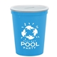 aerial view a translucent frost lid & cyan cup 16 oz stadium cup coin bank, image 1 of 2