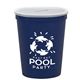 aerial view a translucent frost lid & eco navy blue cup 16 oz stadium cup coin bank, image 1 of 2