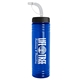 a transparent blue bottle & black lid & translucent frost straw 24 oz slim fit upcycle rpet bottle with straw lid