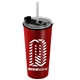 aerial view a metallic red tumbler & clear with black lid & translucent frost straw the explorer - 18 oz travel tumbler with 2- in -1 flip and straw hole lid (straw included), image 1 of 2