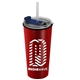 a metallic red tumbler & clear with blue lid & translucent frost straw the explorer - 18 oz travel tumbler with 2- in -1 flip and straw hole lid (straw included)