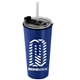 aerial view a metallic blue tumbler & clear with black lid & translucent frost straw the explorer - 18 oz travel tumbler with 2- in -1 flip and straw hole lid (straw included), image 1 of 2