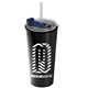 a metallic black tumbler & clear with blue lid & translucent frost straw the explorer - 18 oz travel tumbler with 2- in -1 flip and straw hole lid (straw included)