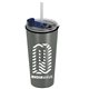 a metallic silver tumbler & clear with blue lid & translucent frost straw the explorer - 18 oz travel tumbler with 2- in -1 flip and straw hole lid (straw included)