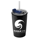 a translucent frost straw & clear-blue lid & metallic black cup sentinel 14 oz metallic tumbler with 2- in -1 flip and straw hole lid